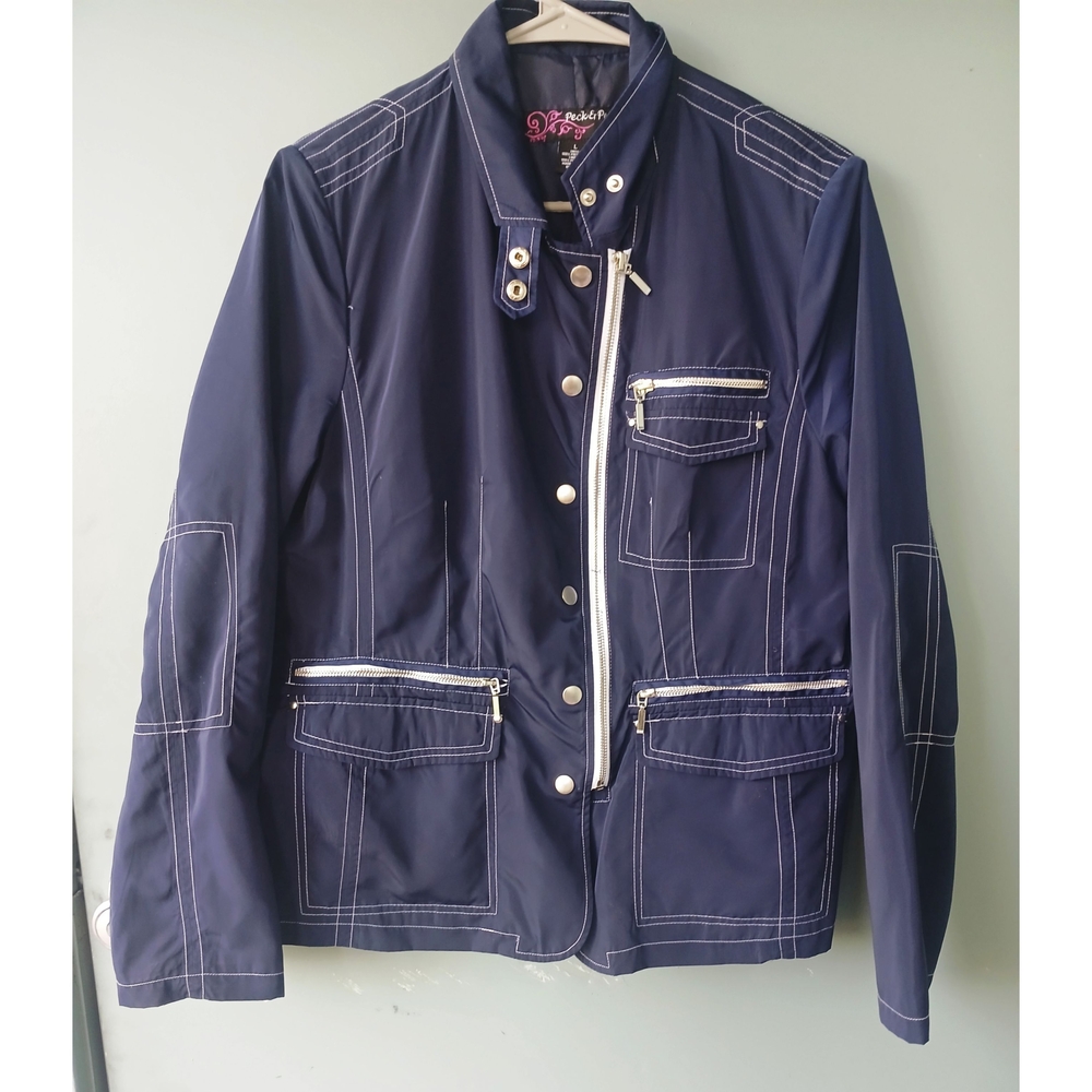 Wet Seal Navy Jacket with White Stitching and Silver Accents